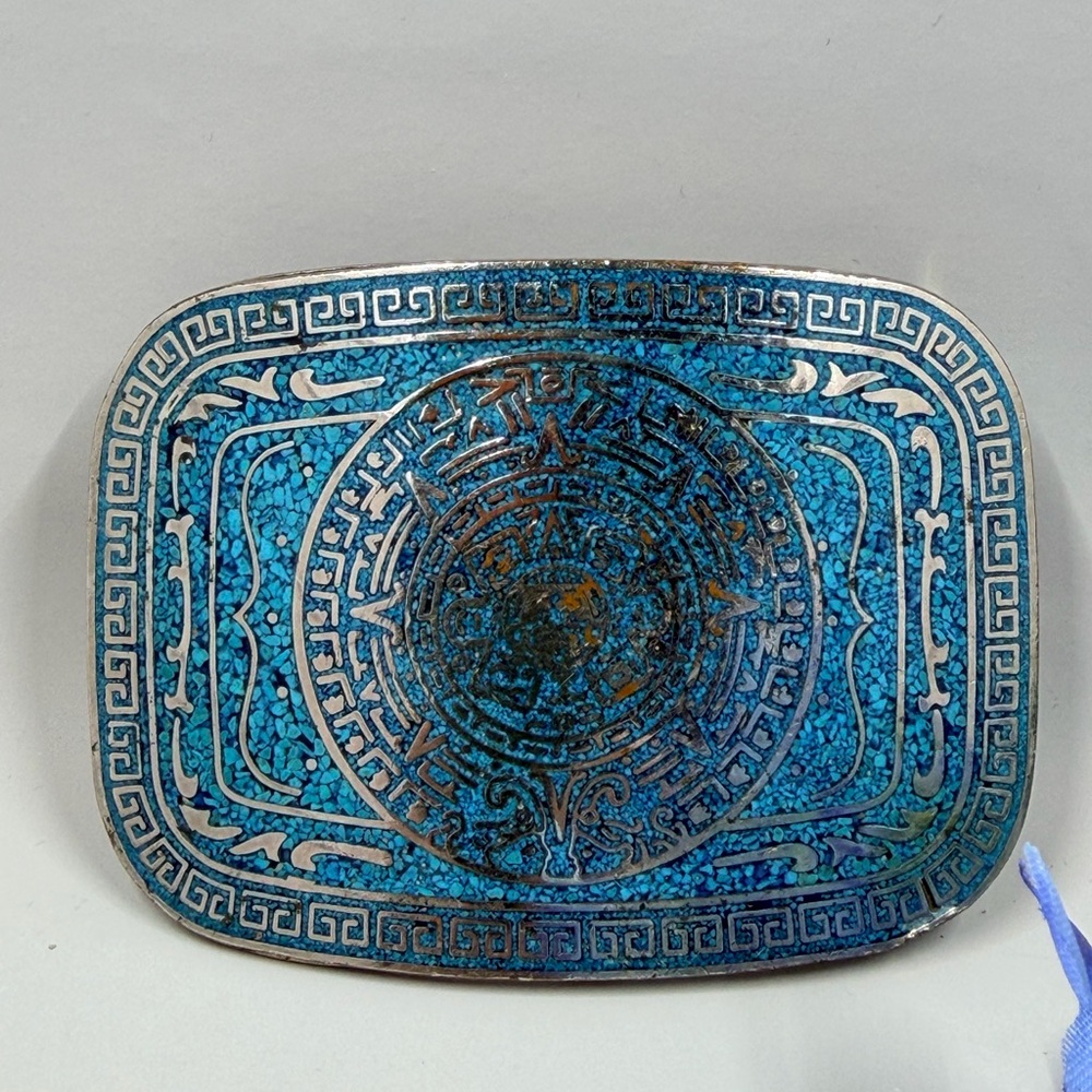 Taxco Signed Turquoise Stone Chip Vintage Belt Buckle - Picture 4 of 10